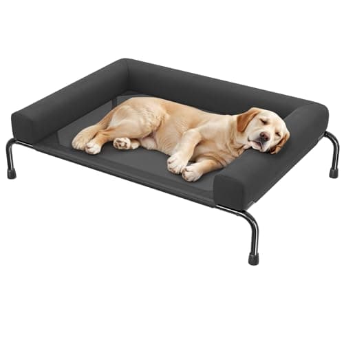 Ekisemio Elevated Dog Bed for Large Dogs, Cooling Raised Pet Cot with Breathable Mesh and Bolsters, Removable & Waterproof Outdoor Indoor Dog Bed, 47.75" x 31", Black