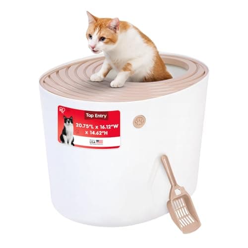 IRIS USA Large Top Entry Cat Litter Box, Hooded Privacy, Beige/White | Multi-Cat Households, Enclosed Top Access, Protected Interior, Mess Containment System, Odor Trapping, Reduced Tracking