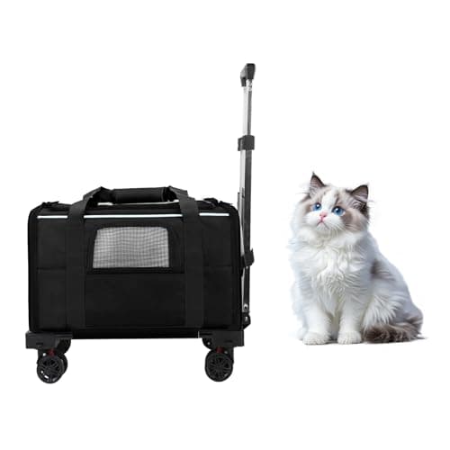 Pet Carrier with Wheels - Soft-Side Wheeled Cat Carrier for Dogs with Telescopic Handle, Collapsible Rolling Pet Travel Bag Carrier for Large Cats Small Medium Dogs for Camping Vet Visiting Black