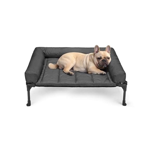Veehoo Outdoor Elevated Dog Bed with Waterproof Bolster Cushion, Cooling | Raised Dog Bed with Removable & Washable Mat Topper, Breathable Mesh, Dog Couch Cot for Indoor Outdoor, 32", Medium, Black