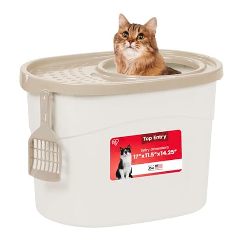 IRIS USA Top Entry Cat Litter Box, Hooded Privacy, Large, Beige | Dog-Free Zone, Enclosed Top Access, Protected Interior, Dog Proof Pan, Odor Trapping, Reduced Tracking