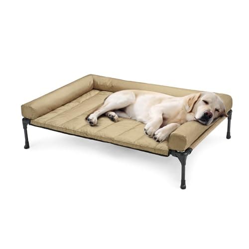 Veehoo Outdoor Elevated Dog Bed with Waterproof Bolster Cushion, Cooling | Raised Dog Bed with Removable & Washable Mat Topper, Breathable Mesh, Dog Couch Cot for Indoor Outdoor, 42", Large, Beige