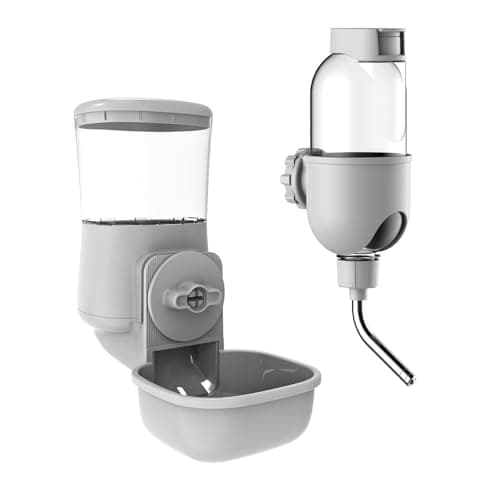 Automatic Pet Food Water Dispenser, Auto Gravity Pet Feeder Water Bottle Set for Crate Cage for Puppy Cat Rabbit Guinea Pigs Chinchilla Ferret Hedgehog (Grey)