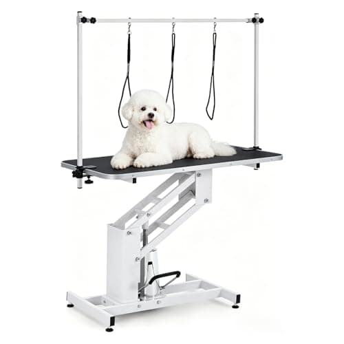 43.3" Hydraulic Pet Grooming Table, Heavy Duty Hydraulic Grooming Table Max Load 350Lbs, Professional Hydraulic Dog Grooming Table with 3 Adjsutable Nooses &, Overhead, Adjustable Height Range 22 in -