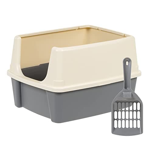Amazon Basics Large Cat Litter Box with High Sides, Open Top for Easy Access, Includes Scoop with Storage, 19" x 15" x 11.75", Grey/Beige
