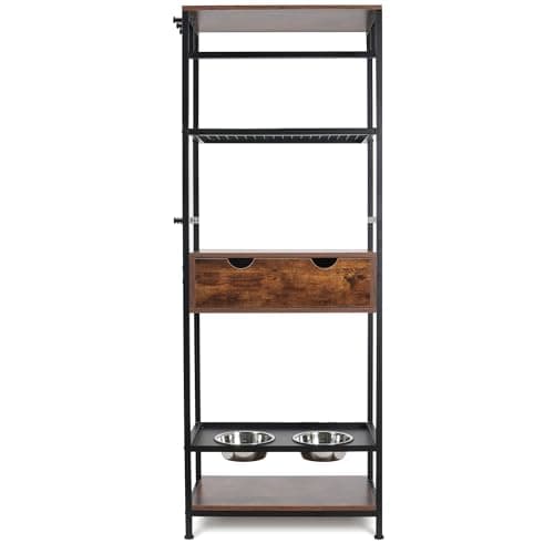 Dog Feeding Station with Adjustable Raised Bowls, Storage Rack Shelf Drawer Hooks, Elevated Feeder Stand for Large Medium Pets, Furniture Organizer Holder Kitchen Living Room Entryway