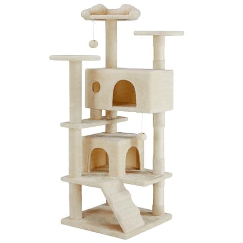 Sweetcrispy 54 Inch Cats Tree Tower, Multi-Level with Scratching Post, Indoor Cat Tree Condo with Climbing Ladder, Plush Toy, Play House for Kittens, Beige