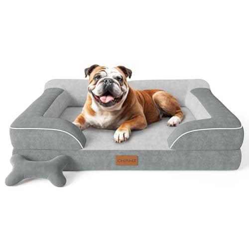 CWAWZ Dog Beds for Large Dogs, Orthopedic Dog Bed with Cooling Gel Memory Foam, Waterproof Large Pet Bed with Removable Washable Cover, 36" Pet Sofa Couch Dutch Velvet with Bone Toy, Light Gray