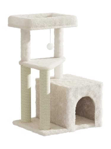 Cat Tree Tower for Indoor Cats, 33 Inches Multi-Level Cat Condo with Scratching Posts, Large Perch, Hanging Toy for Large Adult Cats, Beige