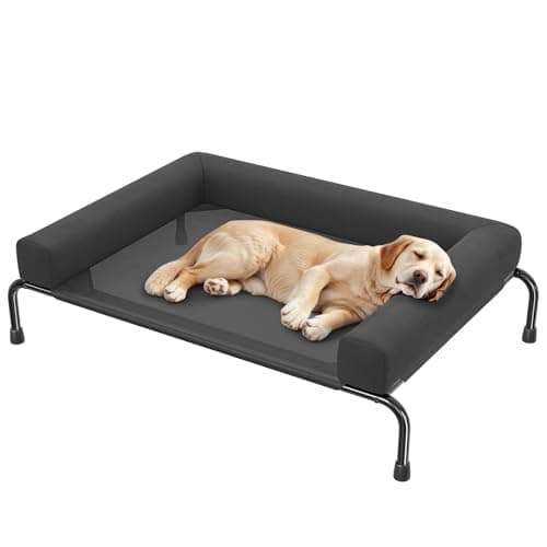 Simple Trending Elevated Dog Bed for Large Dogs, Cooling Raised Dog Cot with Bolsters, Breathable Pet Bed for Outdoor, 47.75" x 31", Black
