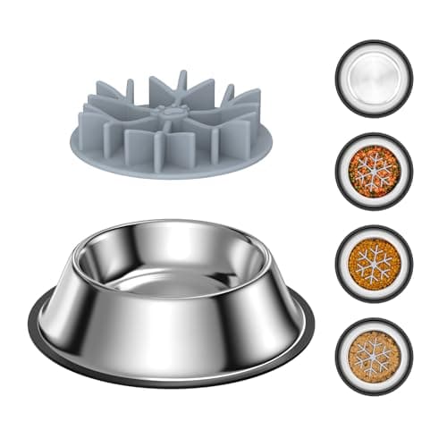 Ankilo 2-in-1 Metal Dog Bowl with Slow Feeder Insert, Food Grade 304 Slow Feeder Dog Bowls, Non-Slip Bottom, Pet Slower Food Feeding Bowls for Increases Feeding Time, Reduces Digestive Problems (M)