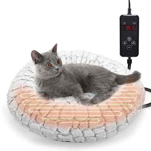 PETZOOKA Heated Cat Bed with Timer & Temp Adjustable, Round Heating Pet Bed for Cats Indoor 19" Soft & Cozy Donut Electric Pet Warming Pad Heater for Cat
