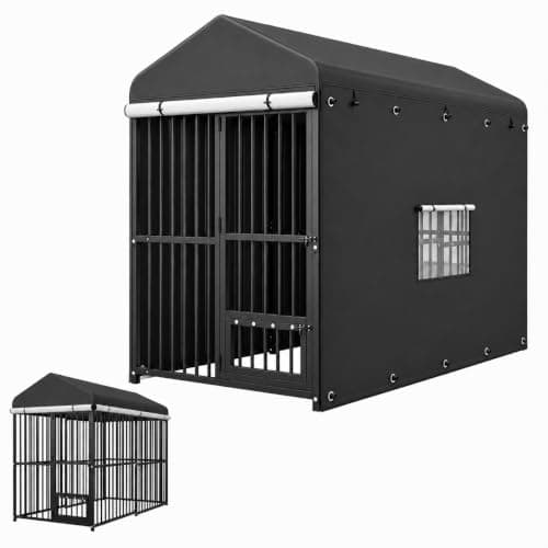 8x4 FT Heavy Duty Outdoor Dog Kennel with Full Cover, Steel Bar Dog Run Enclosure with PVC Side Windows, Rear Mesh Vent, Four Roll-Up Side Panels and 360° Swivel Feeding Door for Medium to Large Dogs