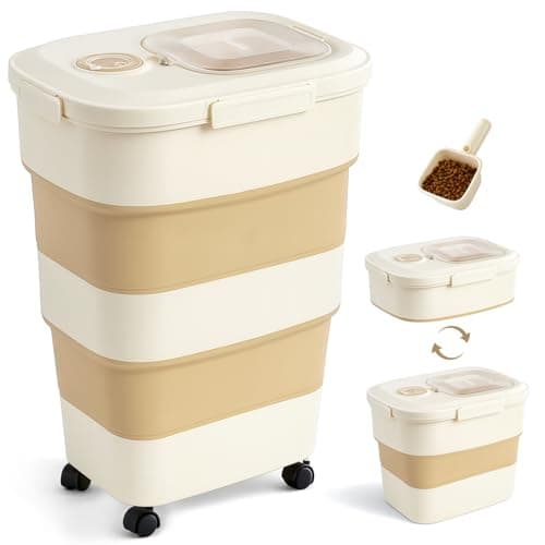 ZOMISIA 40-50lbs Collapsible Dog Food Storage Container with Wheels, Khaki