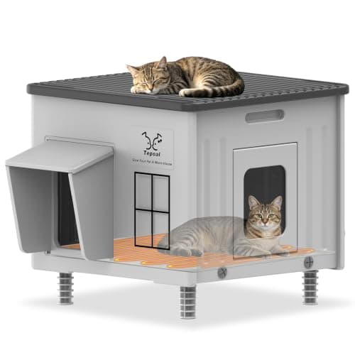 Indestructible Heated Cat House for Outdoor Cats in Winter, 100% Waterproof & Weatherproof Heated Cat House for Outside, Fully Insulated Feral Cat Shelter for Outdoor Barn Strays, 17.7 x 17 x 17.5 in