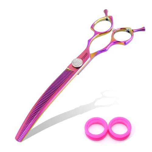 Professional Curved Thinning Shears Dog Grooming Scissors 7.5'' Rainbow Curved Thinner Scissors for Grooming Large Dogs Pet 56 Teeth Japan 440C(Curved Thinner,Rose Red)