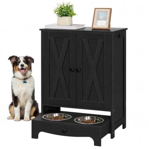 HOOBRO Dog Feeding Station with Feeding Bowls, Pet Organizer Cabinet with Storage and Hooks, Pet Feeding Station with Sliding Drawer and 2 Hidden Bowls for Dog & Cat, Black BK12PO03G1