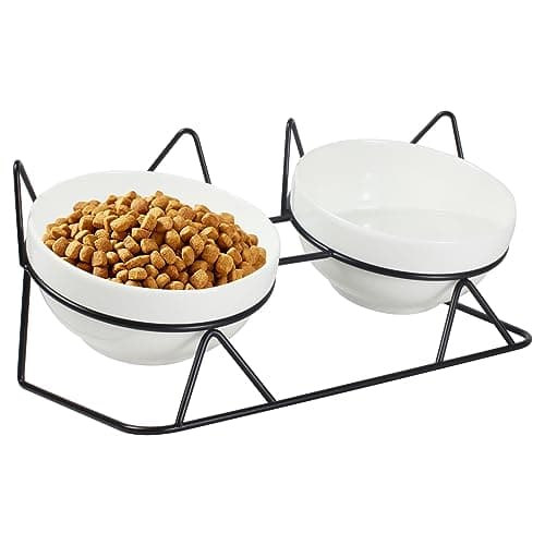 Elevated Tilted Cat Bowls for Indoor Cats,Raised Ceramic Cat Bowl Elevated 15°,Pet Feeding Bowls for Food and Water Anti Vomiting Bowl(Double Ceramics and Tilt Shelf) Suitable