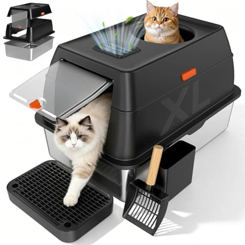 Tevila Extra Large Stainless Steel Litter Box with Lid, High Sided Enclosed Metal Cat Litter Pan, Dog Proof Front Entry Top Exit, Odor Control Easy Clean Leak Proof, Includes Scoop & Step, Black