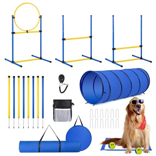 Dog Agility Course Backyard Set,Dog Agility Equipment, Dog Obstacle Course Backyard With 2-Set Agility Hurdle ,Jump Ring, 8 Weave Poles, Tunnel, Pause Box, Toy Balls And 2 Portable Carrying Bags