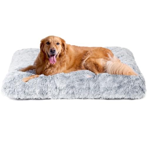 EHEYCIGA Fluffy Dog Crate Bed for Extra Large Dogs, Plush Faux Fur Pad, Calming Anti Anxiety XL Bed for Crate, Washable Soft Warm Dog Mat with Non-Slip Bottom, Grey