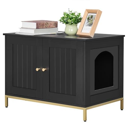 Homhedy 28.3" L Cat Litter Box Enclosure with Metal Frame, Black and Gold