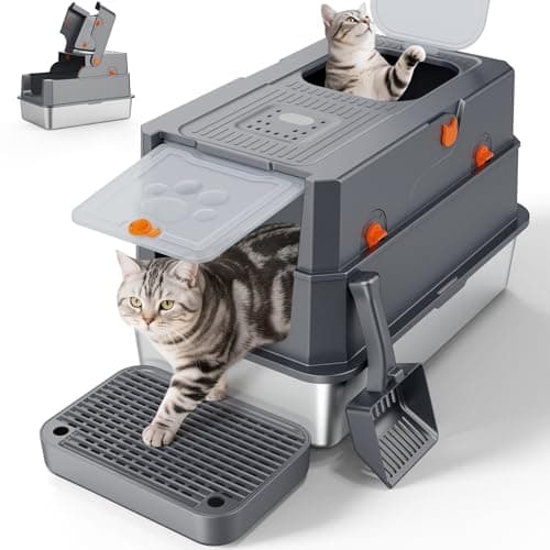 FURTIME Stainless Steel Litter Box with Lid, Enclosed Metal Cat Litter Box