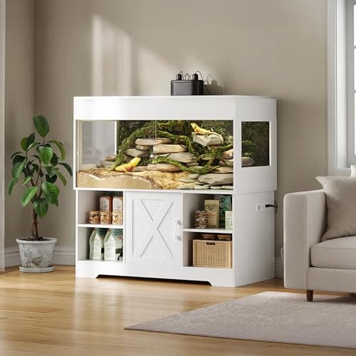 Herture 120 Gallon Reptile Tank with Stand, 4x2x2 Terrarium Enclosure | Snake Enclosure with Outlets,Cabinet,Sliding Door,Reptile Terrarium Bearded Dragon Tank for Lizards,Geckos White PX01RTW