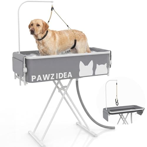 PAWZIDEA 2-in-1 Dog Bathtub & Grooming Table 43" for Medium to Large Dogs | 5 Height Adjustable Elevated Dog Bathtub, Foldable Washing Station w/ Grooming Arm &1.8" Fast Drain, up 150lb,Indoor Outdoor