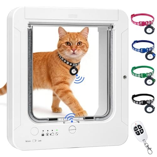 Smart Cat Door with 4 Collar Sensor Key, RFID Cat Door Collar Activated with Remote Control, 4 Way Locking Cat Flap Automatic Pet Door Interior & Exterior(White)