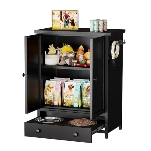 Dog Feeding Station with Storage, Metal Dog Food Storage Cabinet with 2 Elevated Bowls and 3 Hooks, Pet Feeding Station and Dogs Food Storage Organizer