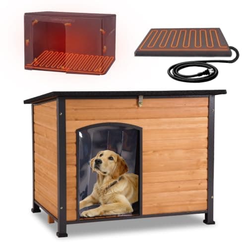 GUTINNEEN Heated Dog House Outdoor Insulated Dog House Weatherproof Dog Kennel with Thermostat-Controlled Heating Pad, 6-Sided Thermal Liner, Chew-Proof Metal Frame for Dogs