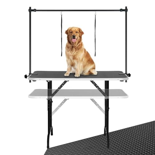 LEIBOU 45'' Height Adjustable(23''~33.8'') and Foldable Pet Dog Grooming Table Heavy Duty Iron Frame with H-Shape Grooming Arm & Noose, Maximum Capacity Up to 260lbs, Black
