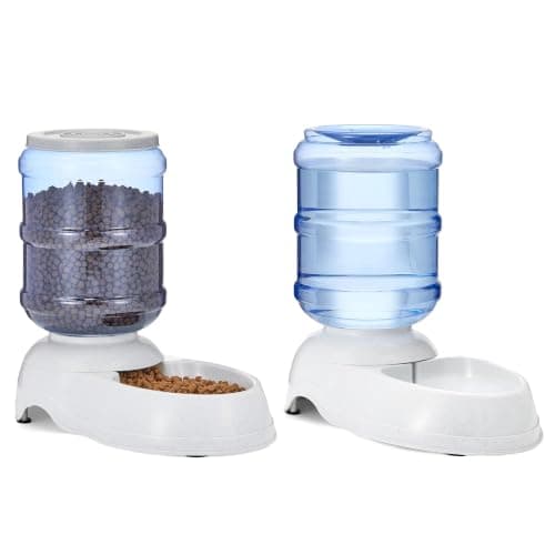 Amazon Basics Automatic Pet Water Dispenser and Gravity Food Feeder Set for Cat and Dog, Easy to Clean, 152fl.oz food feeder, 135.3fl.oz water dispenser, Small, Pack of 2