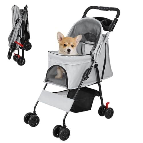 Pet Stroller,4 Wheels Foldable Dog Stroller for Small Medium Dogs Cats,22lbs Capacity Puppy Strollers with 360° Front Wheels, Breathable Mesh, Portable Pet Pushchair Pram for Travel Walking Shopping