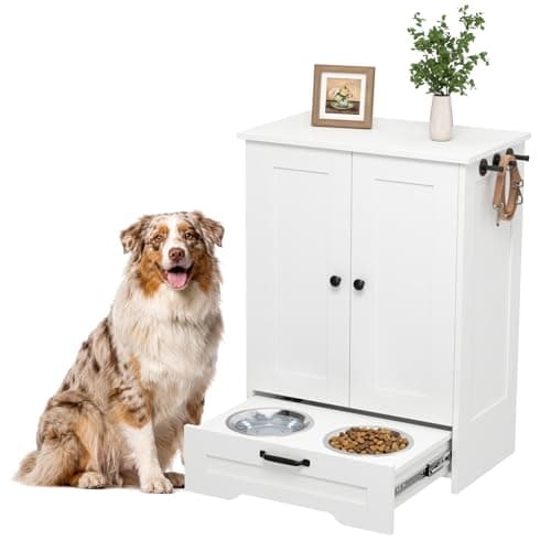 Sylunawyn Dog Feeding Station with Storage Cabinet, White Wood Dog Cabinet with 2 Elevated Stainless Steel Bowls, Hidden Pull-Out Feeder Drawer, Pet Feeding Station for Kitchen and Living Room