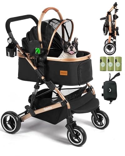PAWLET Dog Stroller for Medium Dogs Up to 52 Lbs, Cats Stroller for 2 Cats, 3 in 1 Pet Stroller with Bag Holder for Leashes, 3-Roll Poop Bags, 600D Waterproof Oxford Fiber, Adjustable Handle (Black)