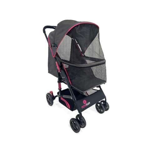PETS TUFF 22” Buddy Buggies Foldable Pet Stroller - Shock Absorbing Frame with Storage - Machine Washable Fabric - Durable Mesh & UV Protected Retractable Canopy - Cat & Dog Stroller Up to 30lb