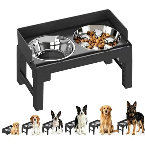 PAKEWAY Elevated Dog Bowls with Stainless Steel Slow Feeder Bowl for Medium and Large Dogs, Spill-Proof Tiltable Dog Feeder with 2 Bowls, 6-Height Adjustable Raised Dog Bowl Stand