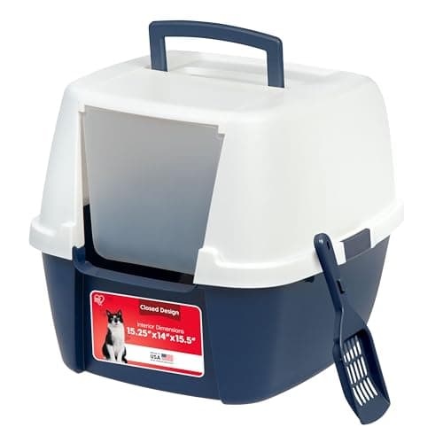 IRIS USA Cat Litter Box Large with Front Door Flap, Covered Enclosed Litter Box Enclosure with Scoop, Handle & Buckles for Portability & Privacy, Hidden Litter Pan, Navy