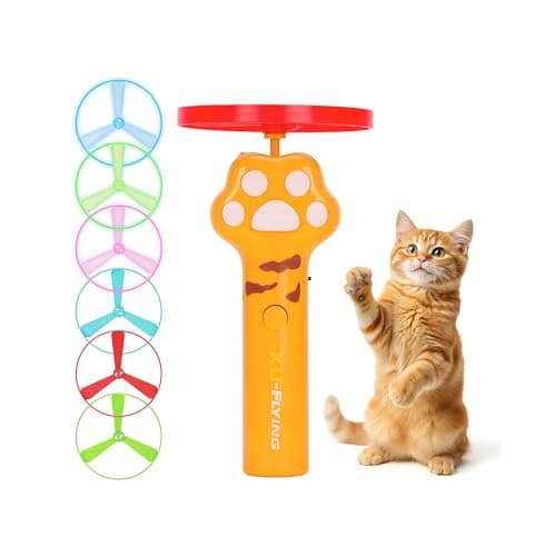 HOMQYTE Cat Chase Fetch Toy Rechargeable Disc Launcher with 6 Fly Spinners | Interactive Pet Hunting Toys for Indoor Outdoor Yard, Fun Exercise Game for Cats and Dogs