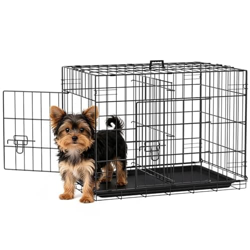 FDW 24-Inch Dog Crate for Small Dogs, Double Door Folding Metal Wire Pet Kennel with Divider Panel & Leak-Proof Plastic Tray, Black