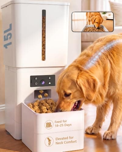 15L Automatic Dog Feeder Large Breed: 63 Cup Capacity for Kibble up to 22mm | Anti-Clog Feeder with Elevated Stand, Featuring HD Camera with WiFi and Easy App Scheduling by Yakry
