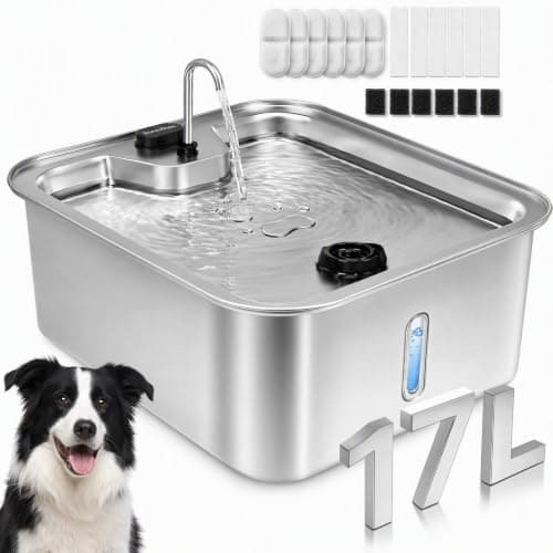 SOVELIVEE Dog Water Fountain Stainless Steel with Water Level Window 4.5Gal/17L, Large Capacity Dog Water Fountain with 6 Replacement Filters for Multiple Pets, Ultra-Quiet