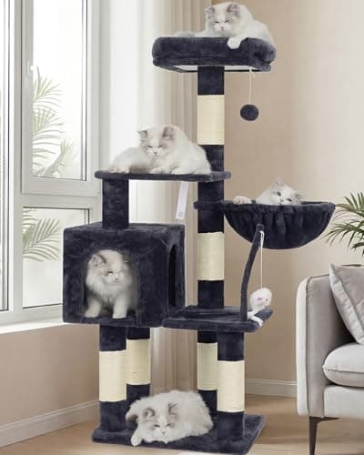 Heybly Cat Tree with Toy, 43.3 inch Cat Tower condo for Indoor Cats, Cat House with Padded Plush Perch, Cozy Hammock and Sisal Scratching Posts, Smoky Gray HCT004SG