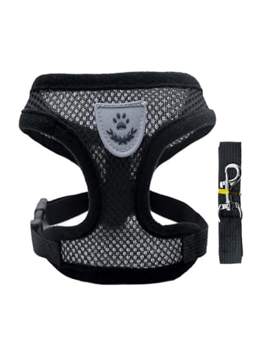 dPois Breathable Dog Harness with Rope Leash Adjustable Step-in Vest for Small Dogs Chihuahua Pomeranian Black Large