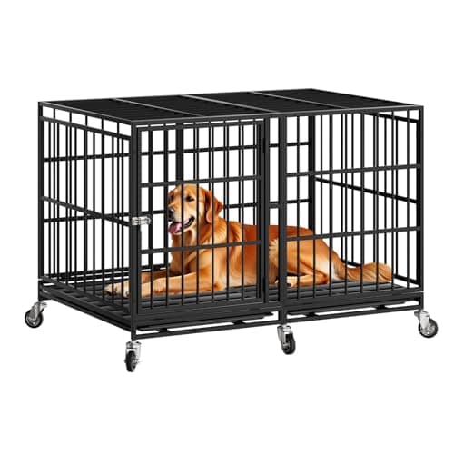 Snuowu 48 Inch Heavy Duty Dog Crate with Wheels,Indestructible Escape-Proof Dog Cage for Large Dogs, Extra Large XL XXL Indestructible Dog Crate with Removable Tray (Patent Authorization)