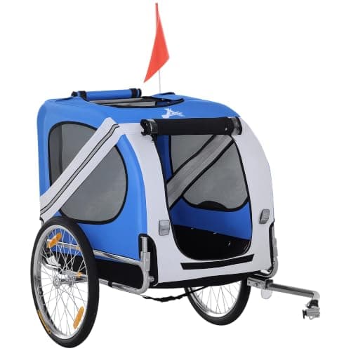 Aosom Dog Bike Trailer, Easy Folding Cart Frame, 20" Wheels, Blue and White | Pet Wagon Bicycle Trailer, Large Rubber Wheels, 3 Entrances, Mesh Screen, Off-Road and Travel