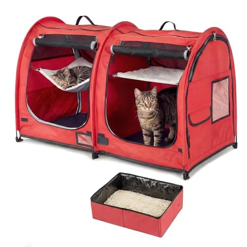 Mispace Portable Twin Compartment Show House Cat Cage/Condo - Easy to Fold & Carry Kennel - Comfy Puppy Home & Dog Travel Crate with Portable Carry Bag/Two Hammocks/Mats and Collapsible Litter Box