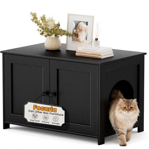 Fecuria Cat Litter Box Enclosure Furniture Dog Proof, Hidden Kitty Washroom Cabinet Low Entry, Wooden Cat Boxes Enclosure Odor Control for Home, Farmhouse Style Decorative TV Stand with Storage, Black